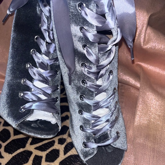 Velvet gray/silver/pewter with a Gray satin ribbon lace up high pump booty. - Picture 2 of 14